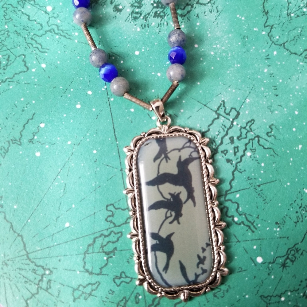 Birds in flight necklace silver tone blue beaded handmade
